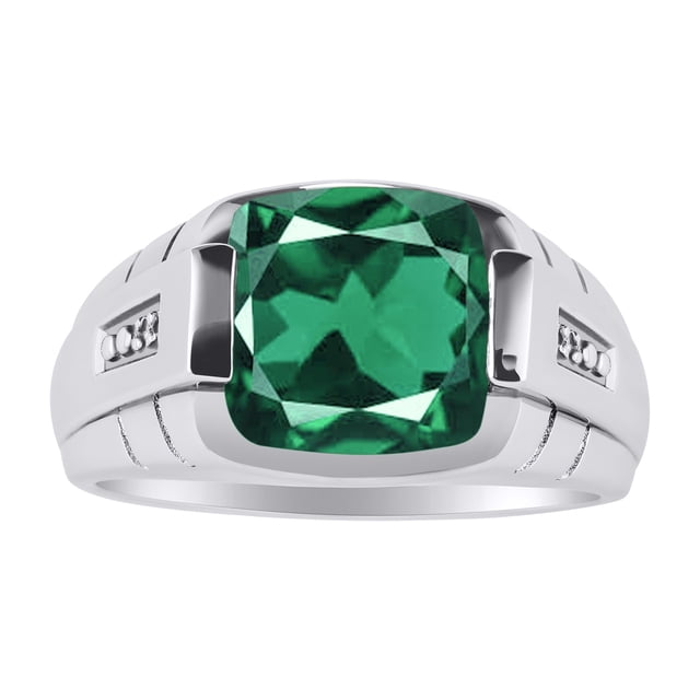 RYLOS Cushion Shape Checker Top 12MM Emerald Color Stone & Diamonds Set in 14K White Gold Size 10