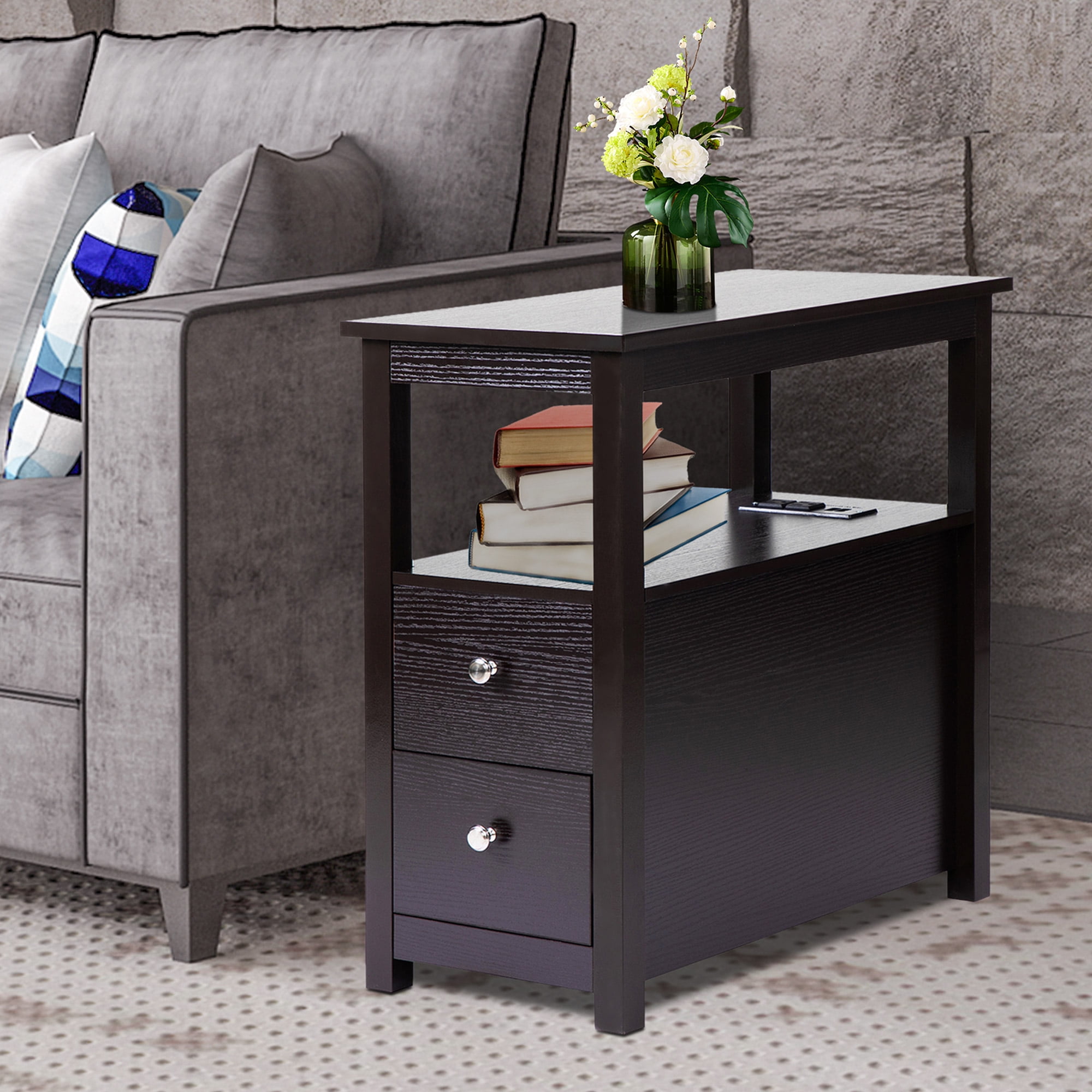 Side Table with Drawers and Charging Station, Sesslife Wood Narrow End