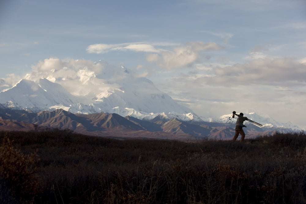 Silhouette Of A Photographer Walking With His Tripod And Camera Over His Shoulder With Mount Mckinley In Background Denali National Park Interior Alaska Canvas Art - Doug Lindstrand Design Pics (34 x