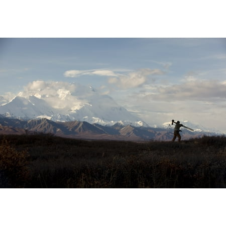 Silhouette Of A Photographer Walking With His Tripod And Camera Over His Shoulder With Mount Mckinley In Background Denali National Park Interior Alaska Stretched Canvas - Doug Lindstrand  Design