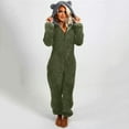 thumbnail image 4 of Gibobby Pantalones cortos Pijamas de manga larga de lana artificial para mujer Casual Color sólido Cremallera Suelta con capucha Mono Pijamas Casual Invierno Cálido Orejas lin(Verdinegro， M), 4 of 5
