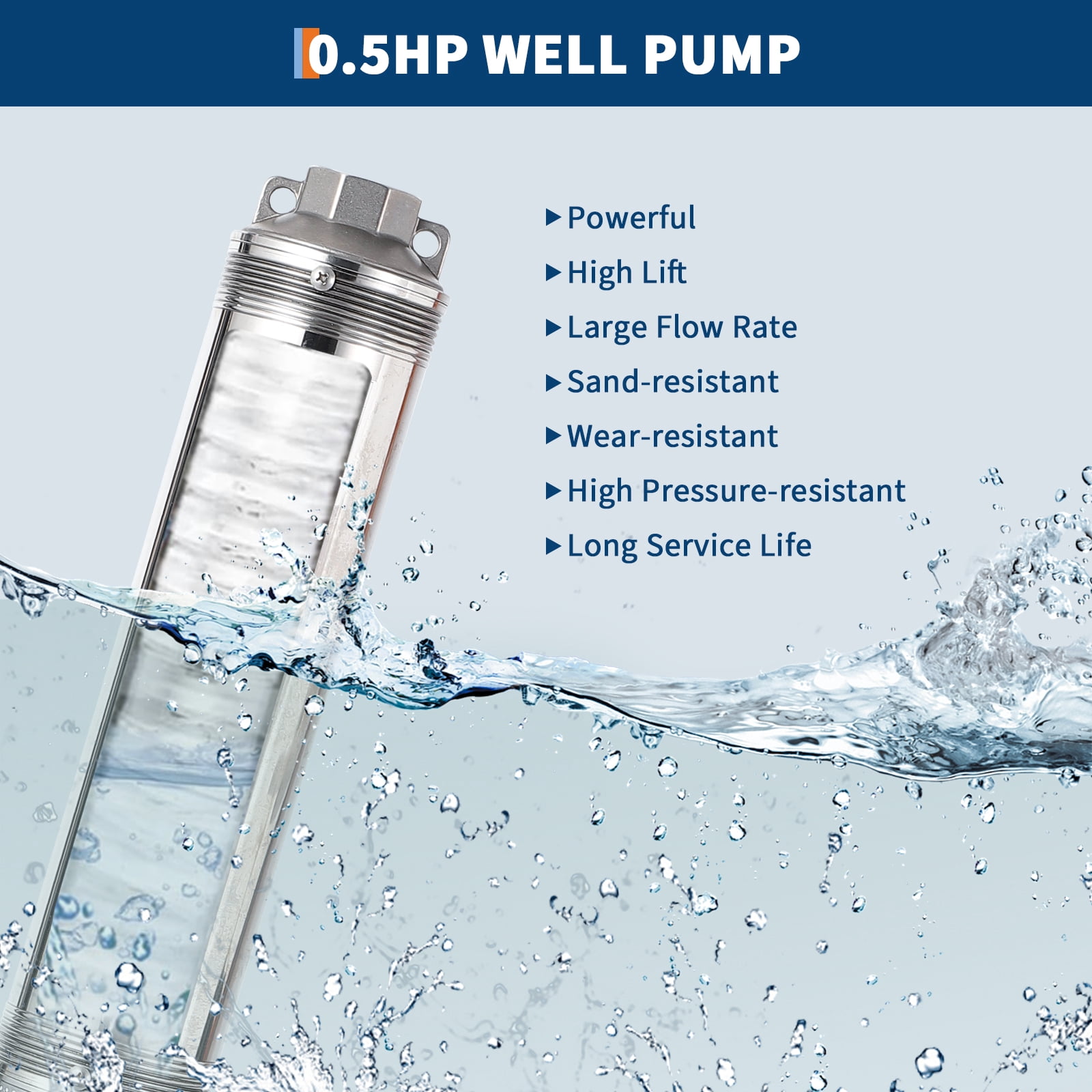 0.5HP Submersible Deep Well Pump – 27 GPM Stainless Steel Water Pump with Brass Check Valve, 10 ft Power Cord, 4" Deep Well Pump for Irrigation, Farm, Industrial & Home Water Supply