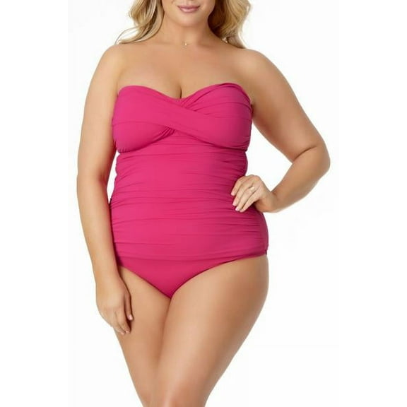 ANNE COLE Women's Pink Stretch Convertible Shirred Fixed Cups Sweetheart Twist Front Tankini Swimsuit Top 18W