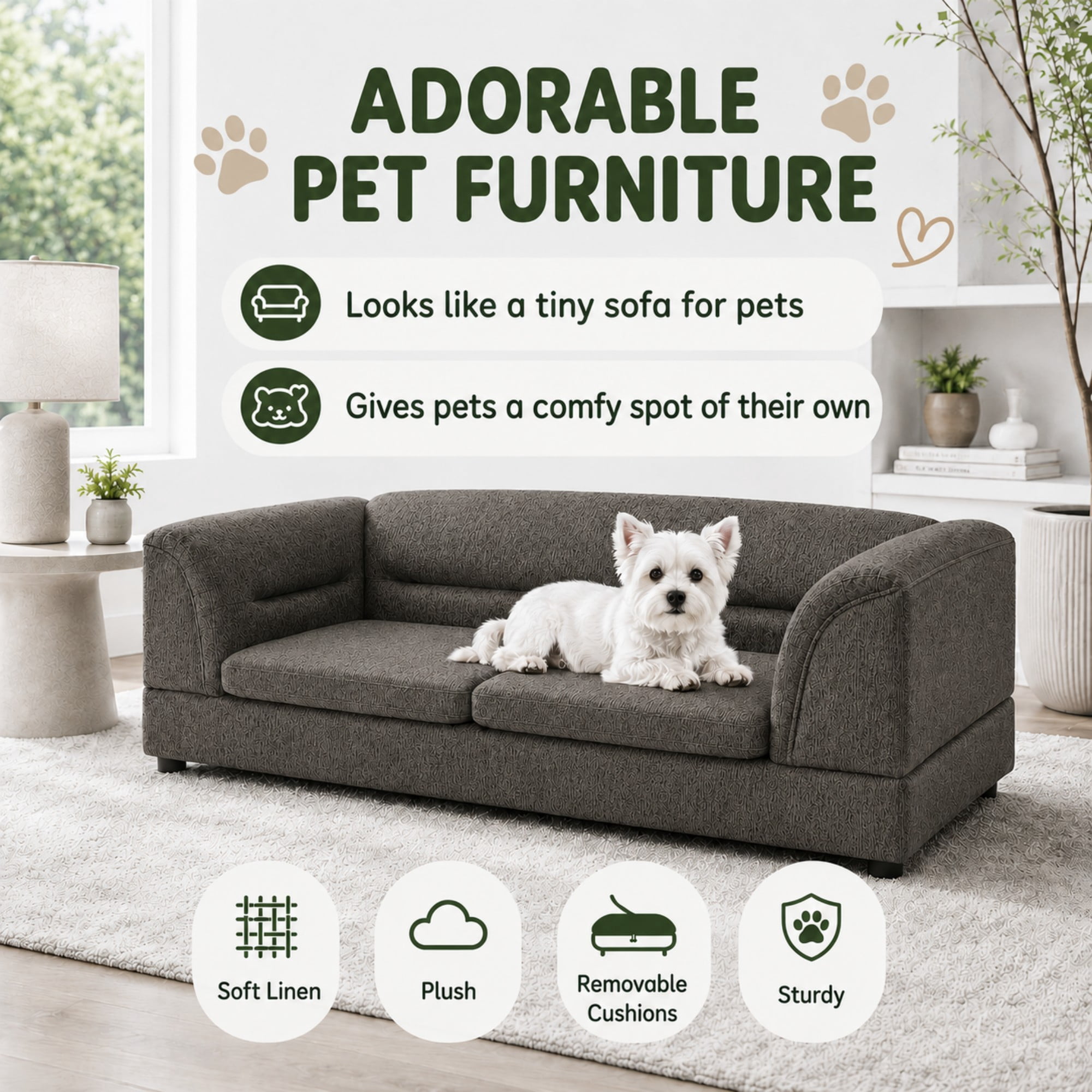 Aenkyo 52" Large Dog Sofa Bed, Linen Pet Couch with Removable Cushions,Dark Gray