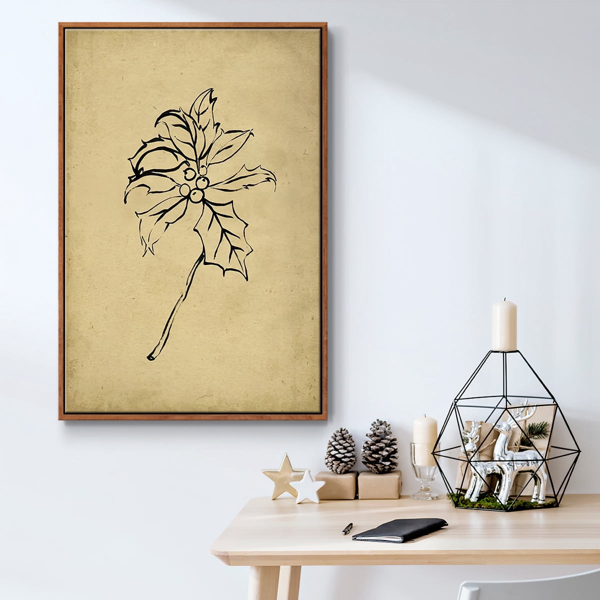 Holly Branch II - Framed Gallery Wrapped Holiday Canvas - 25 x 37 - Rosewood Frame