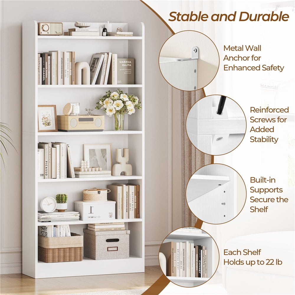 Yaheetech 6-Tier Wooden Bookshelf with Adjustable Open Shelf, White