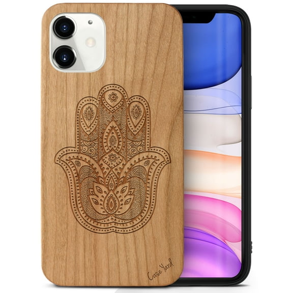 Case Yard Wooden Case Outside Soft TPU Silicone, Slim Fit Shockproof Wood Protective Phone Cover for Girls Boys Men and Women, Supports Wireless Charging Hamsa Hand Design case for iPhone-11