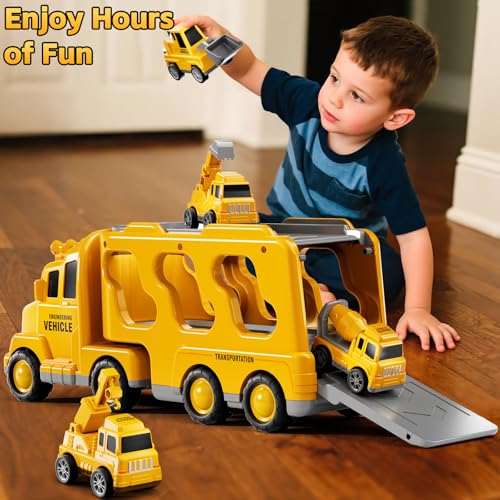 Construction Trucks Toys for 2 3 4 5 Years Old Boys - 5-in-1 Carrier Transport Vehicle Truck for Toddlers 2-4 Years with Crane,Mixer,Pushdozer and Excavator,Car Toys Birthdays Gift