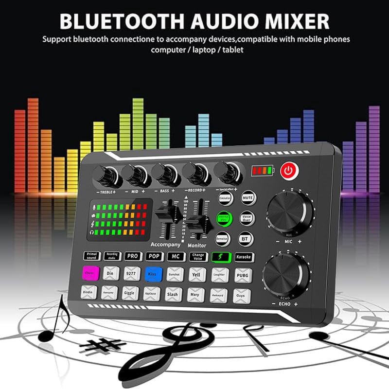 Live Sound Card with DJ Mixer Effects & Voice Changer, Live Sound Card Audio Mixer, Sound Mixer Board LED Light Voice Changer Sound Card with 16 Special Sound Effects for Live Streaming (Sound card)