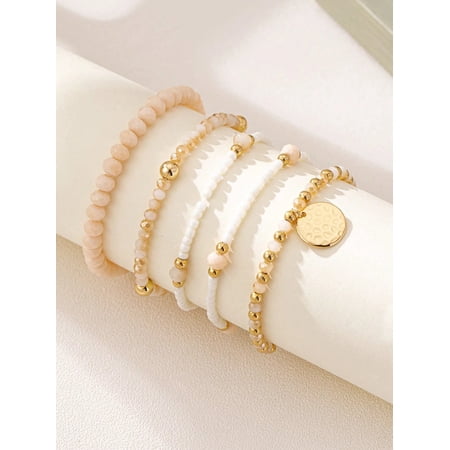 COVE 5Pcs Boho Beaded Stretch Bracelet Set, White & Cream Stone Gold Disc Jewelry for Women