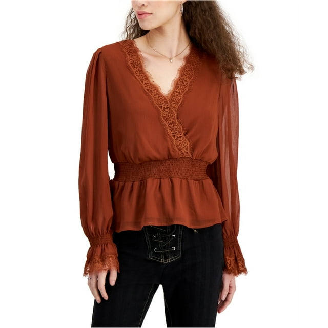 Self E Womens Lace Trim Peasant Blouse, darkorange, Juniors, XS