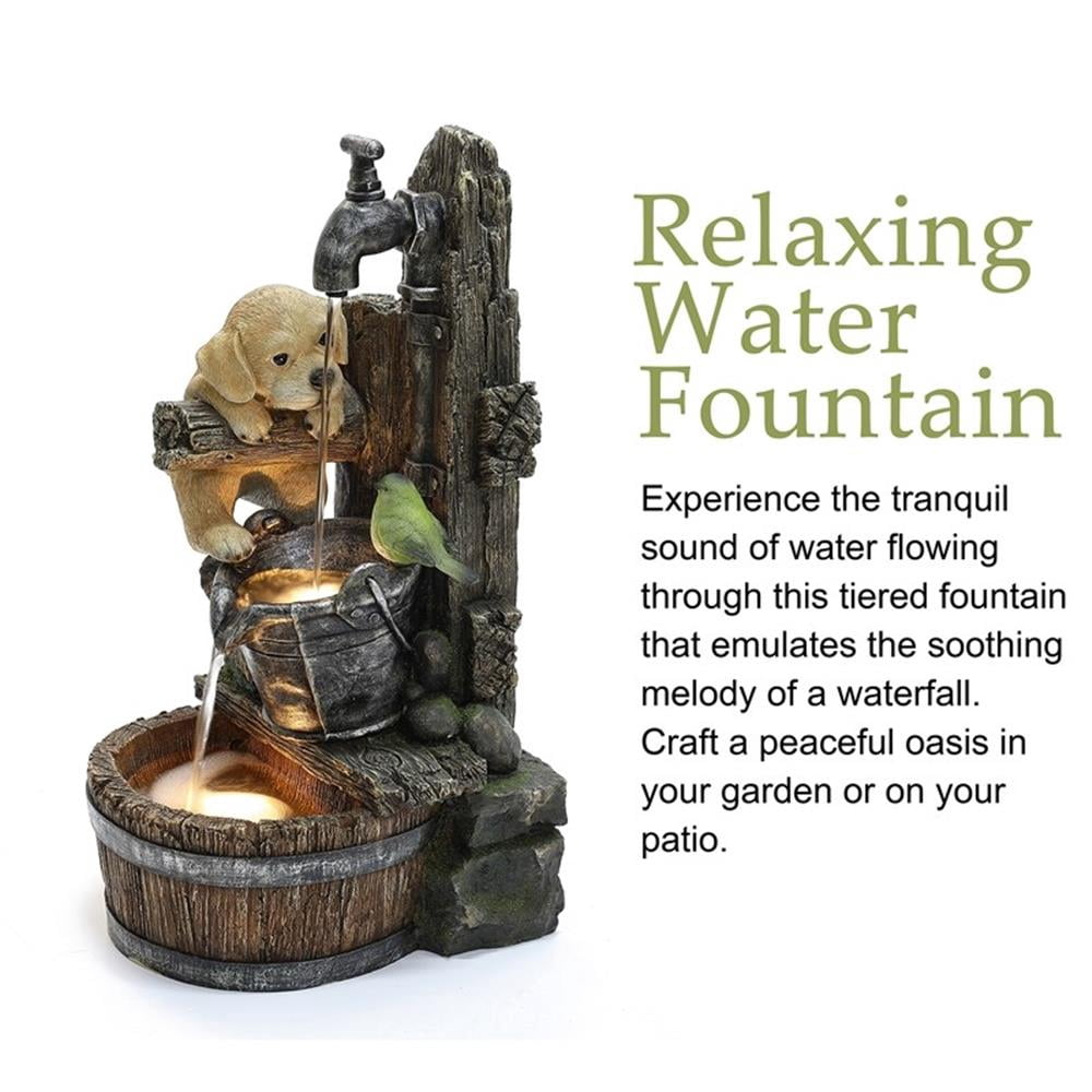 LuxenHome Outdoor Water Fountain, 25 Inch Whimsical Puppy Dog Resin Water Fountains Indoor with LED Lights