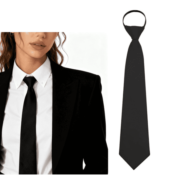 Black Tie 3.15” Adjustable Pre-tied Necktie for Women Solid Color Neck Tie Girl Zipper Ties for Business Uniforms