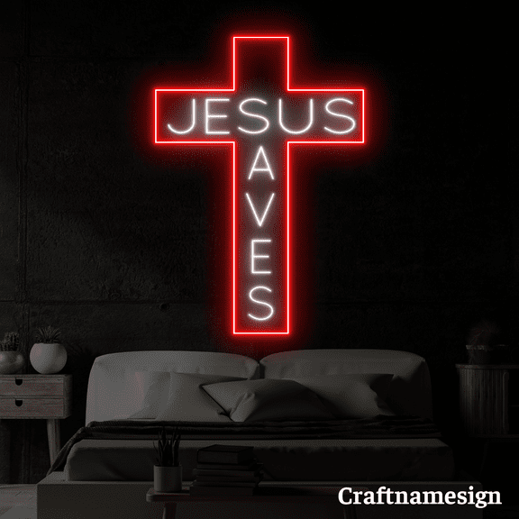 Craftnamesign Jesus Saves With Cross Neon Sign for Church Christian Room Wall Art