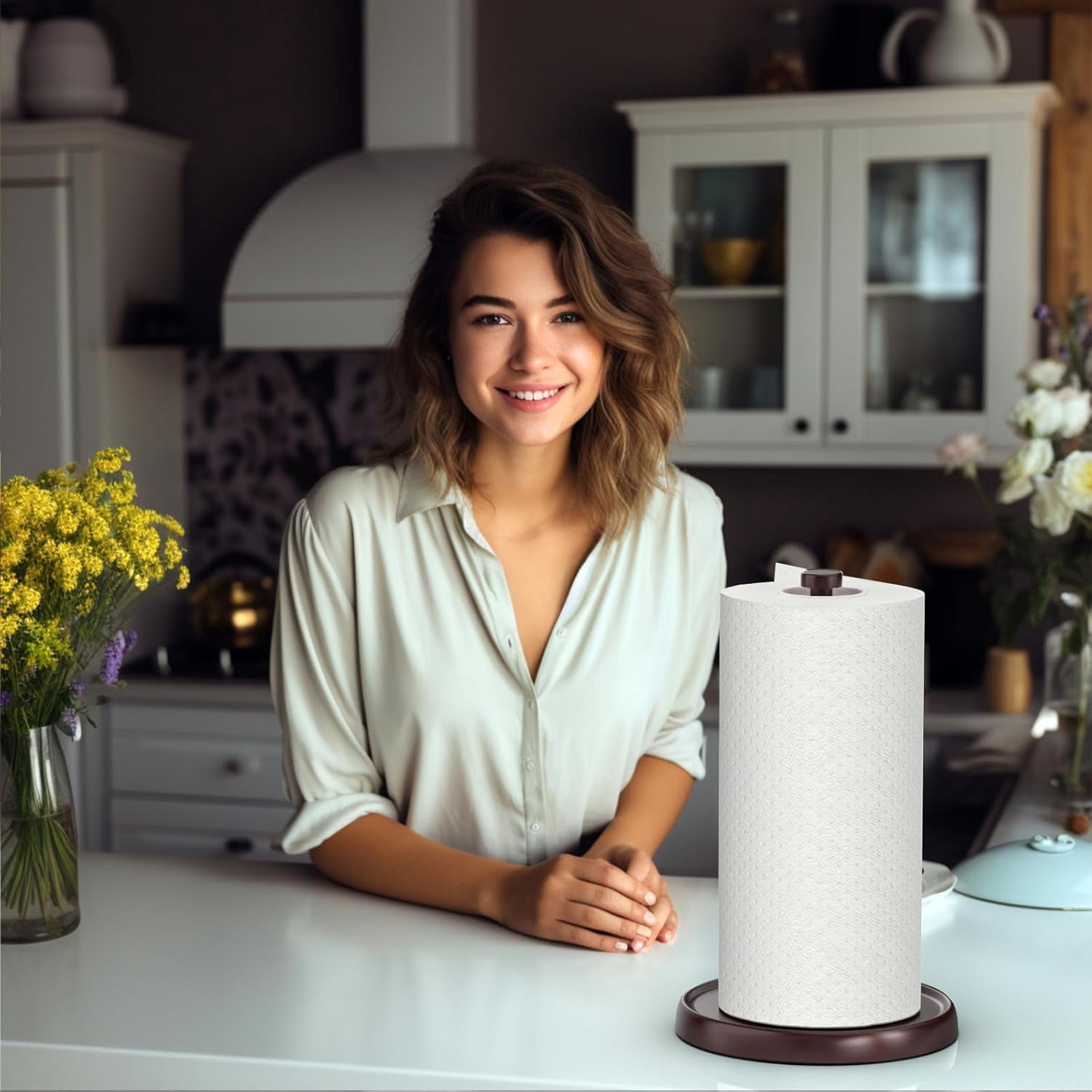 Paper Towel Holder Countertop, White Kitchen Accessories Decor, Stainless Steel, Weighted Base, Paper Towel Roll Holder Stand with Ratchet Mechanism for Kitchen Bathroom Farmhouse Essentials