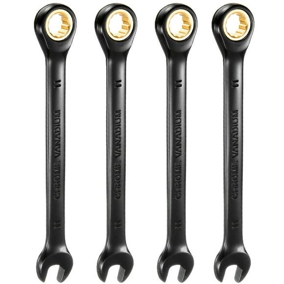 Uxcell 4Pcs Ratcheting Wrench 11mm Metric Open End Wrench 72-Teeth CR-V Steel 12 Point Nickel Plated Combination Ratchet Wrench