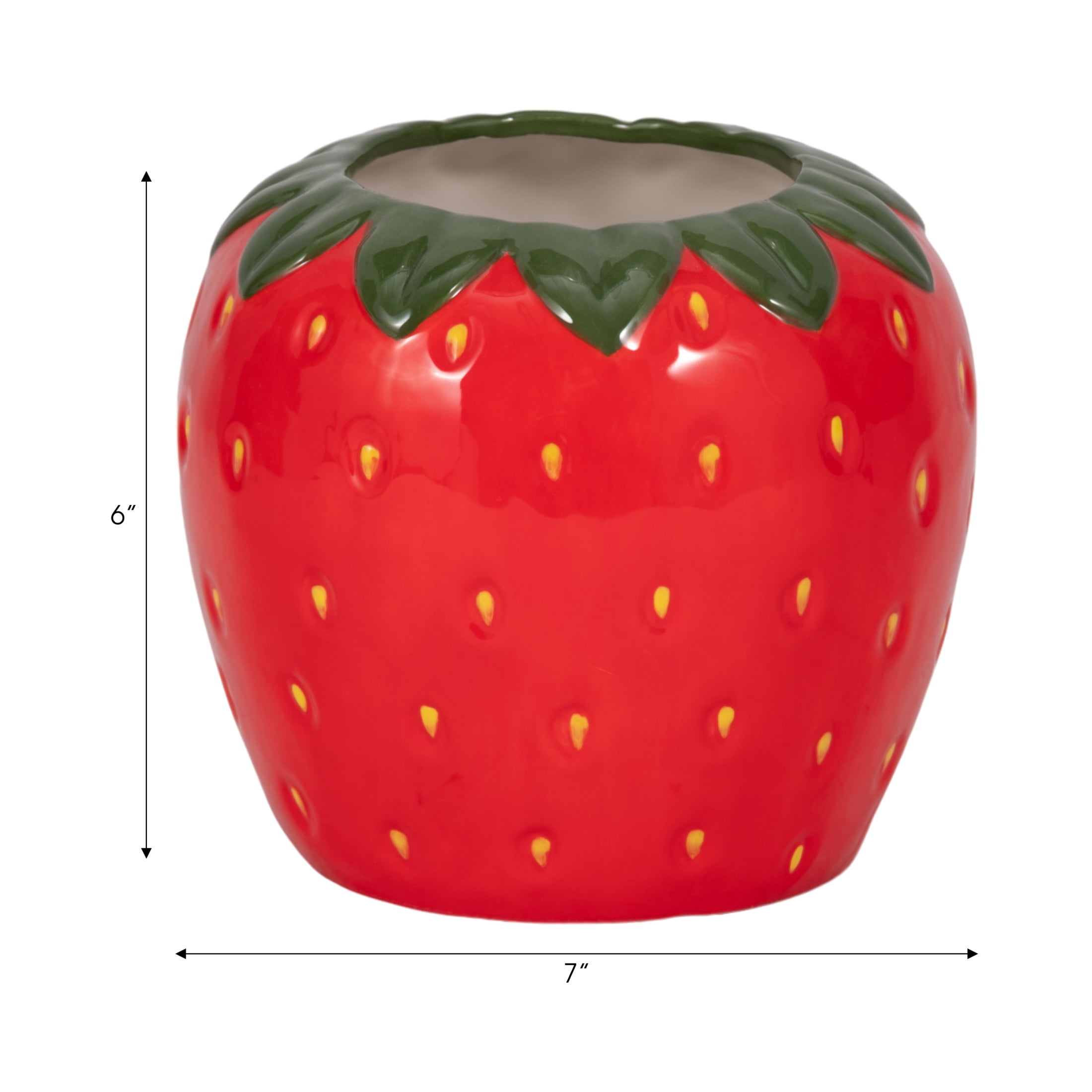 Strawberry-Shaped Flower Pot for Home Decor - Decorative Ceramic Planter for Outdoor, Indoor Plants, and Garden Display - Stoneware Planter for Patio, Entryway, Shelf, and Balcony - 6", Red & Green