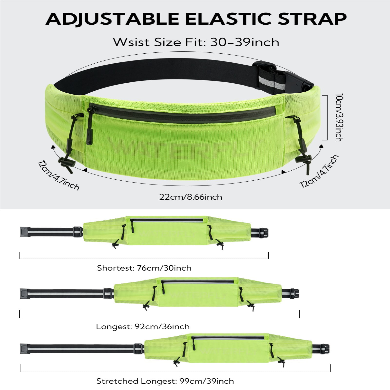 WATERFLY Unisex Adjustable Sports Jogging Fitness Nylon Running Waist Belt Elastic Band,Fluorescent Green