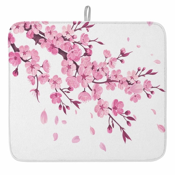 Pink Floral Cherry Blossom Dish Drying Mat, White Spring Petals Absorbent Dish Drying Matt Pad for Kitchen Countertops,Sinks,Dish Drainer Racks, Small 16x18inx1PC,,