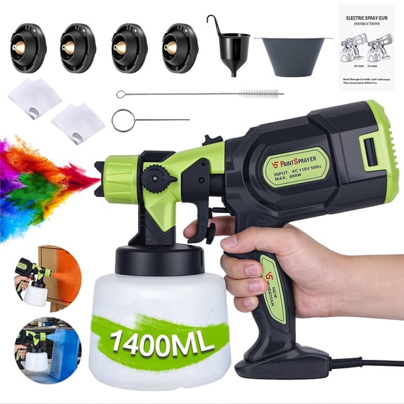FOUKUS Paint Sprayer Gun: 800W Electric HVLP Paint Sprayer, 1400ML Large Capacity Handheld Sprayer for House Painting, Walls, Furniture & Cabinets