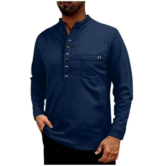 Men's Henley T-Shirt Solid Color Long Sleeve Button up Collar Button Pocket Tee Tops Moisture Wicking Casual Shirts