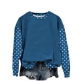 thumbnail image 2 of Inverlee Women's Fake Two Piece Polka Dot Sleeve Crew Neck Sweatshirt Long Sleeve Loose Curved Hem Casual Pullover Tops Blue L, 2 of 4