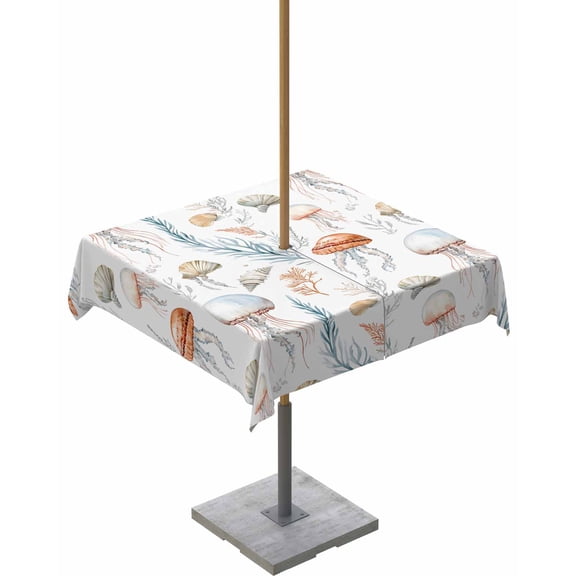 Fsddascl Ocean White Jellyfish Outdoor Tablecloth - 54x54 Inch Square Dining Table Cover, Summer Coastal Coral Conch Retro Waterproof Outdoor Table Cloth with Umbrella Hole & Zipper for Picnic/Patio