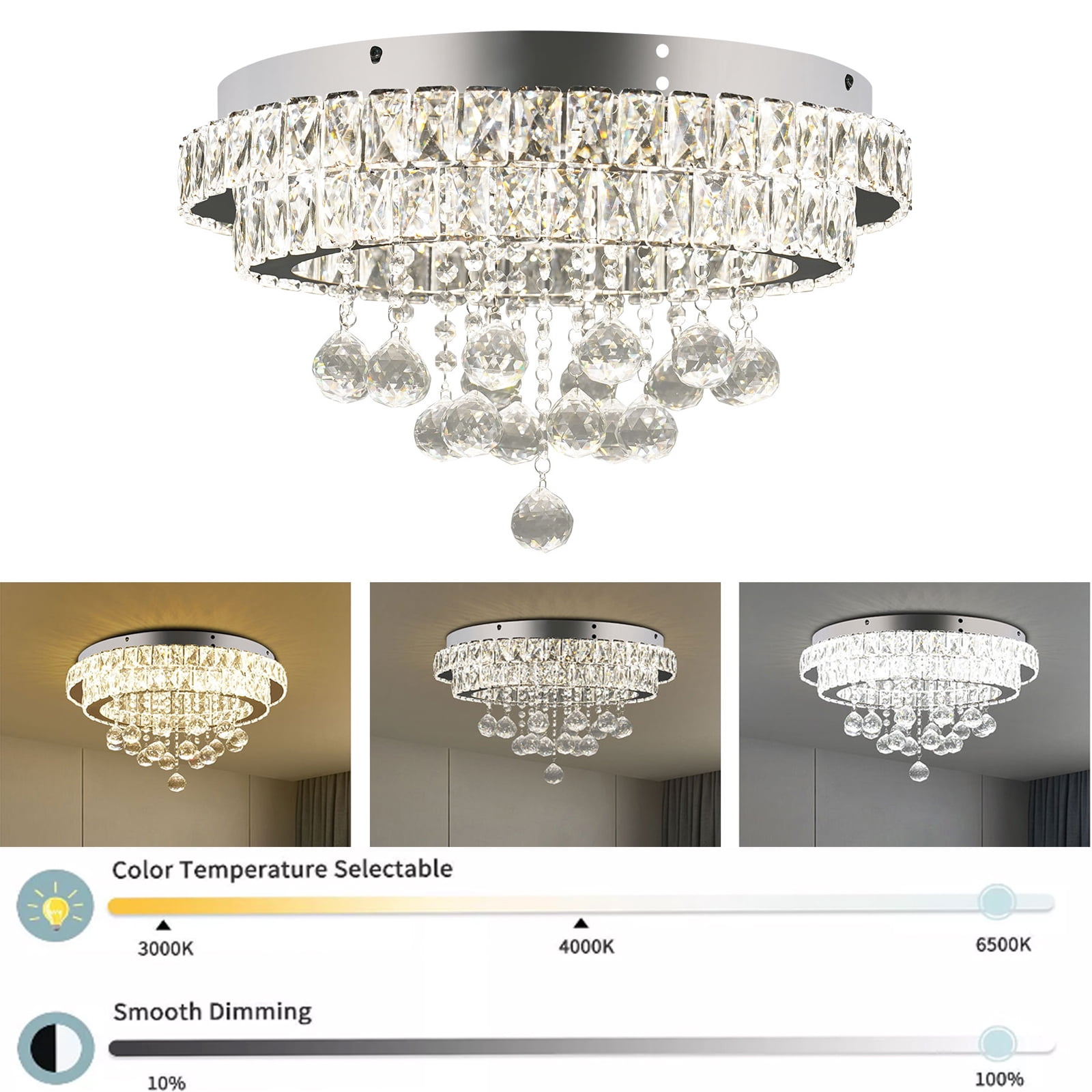 Crystal Ceiling Light, Modern Ceiling Light with Remote Control Silver 50*25cm
