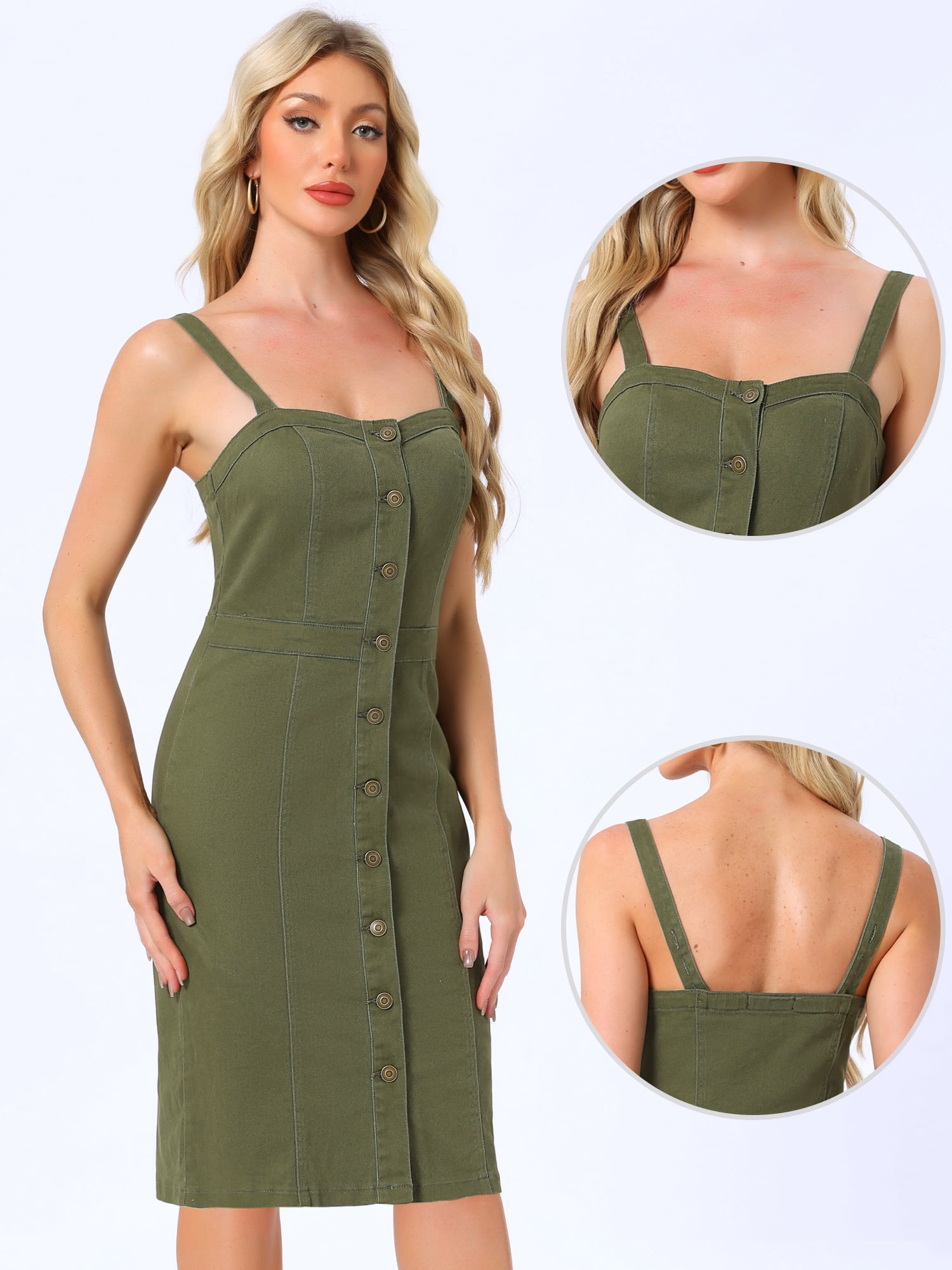 DARING DIVA Women's Button Down Sleeveless Sweetheart Neck Jean Dress S Dark Green