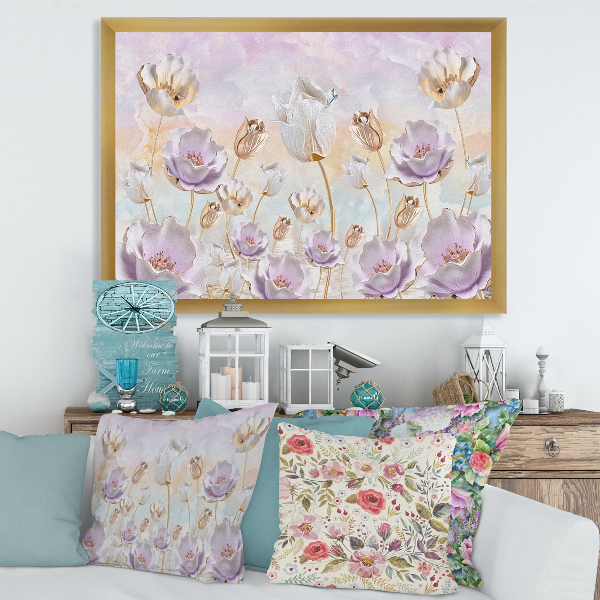 Designart 'Blossoming Pastel Tones Flowers' Traditional Framed Art Print