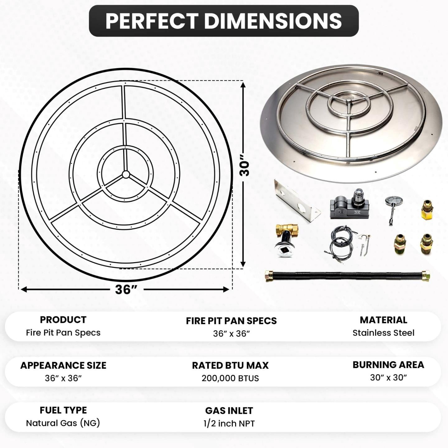 Dreffco Stainless Steel Fire Pit Burner Pan & Ring Standard Kit with Spark Ignition for Natural Gas, 30-Inch Pan, 24-Inch Ring, 150,000 BTU Max