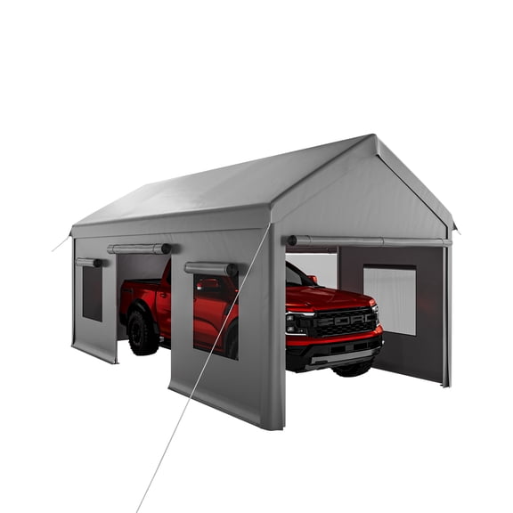 Heavy Duty 10x20 FT Carport - Waterproof UV-Resistant PE Canopy - Galvanized Steel Frame - Portable Outdoor Garage Shelter with Roll-Up Doors & 4 Mesh Windows - All-Season Tarp for Car, Truck, Boat