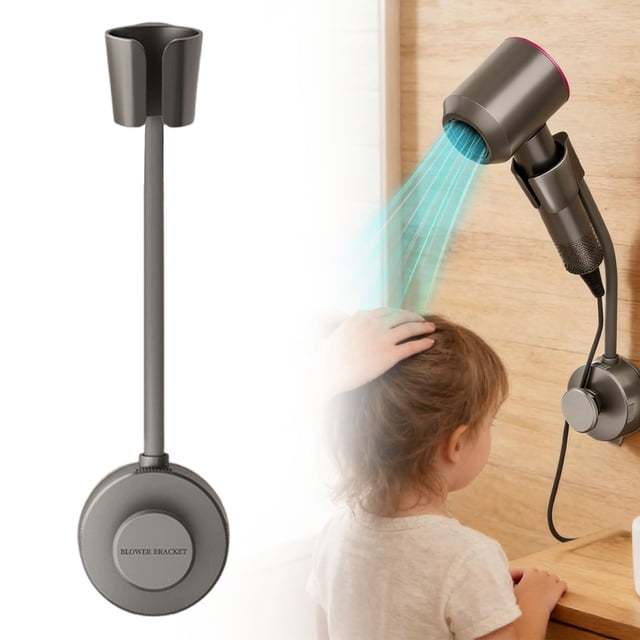 Yuehao Hands-Free Hair Dryer Holder with Suction Cup, 360 Rotatable Wall Mount Rack for Bathroom, Grey