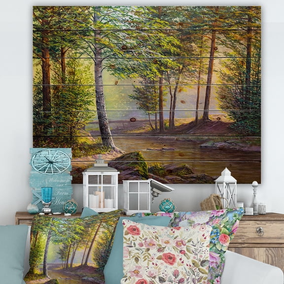 Designart 'Sunrise Glow Through The Awakening Fir Forest' Traditional Print on Natural Pine Wood