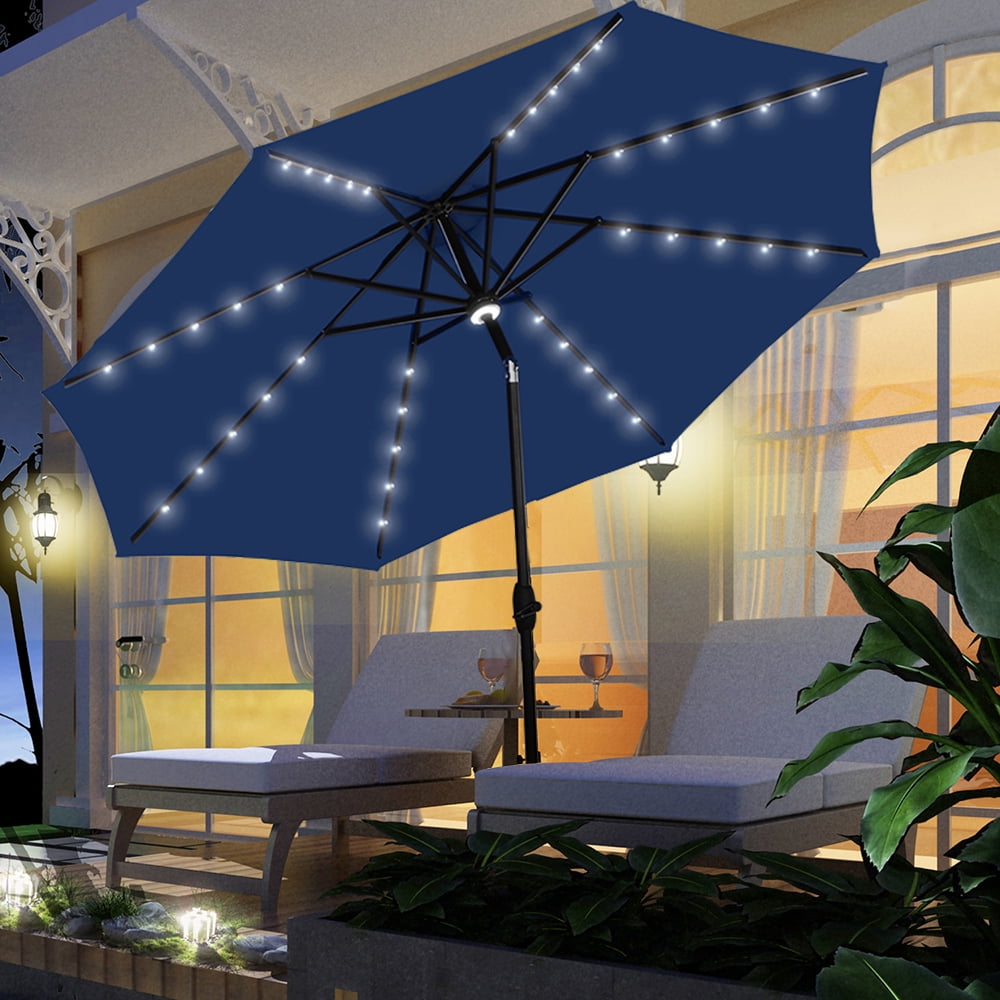 9' Solar 40LED Patio Umbrella Garden Outdoor Sunshade Alu Pole Tilt Crank 8rib 