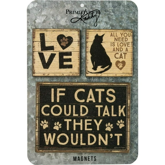 Primitives by Kathy Rustic Style Magnets, Set of 3, All You Need is Love and a Cat