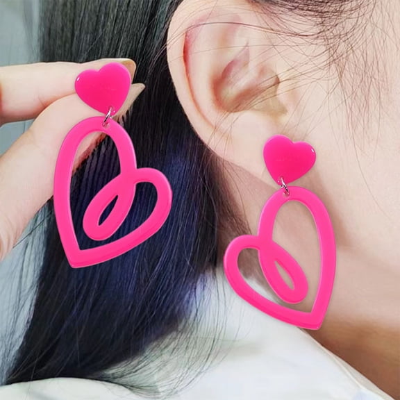Valentine's Day Heart Neon Earrings with Multiple Fashion Colors,Hollow Lightweight Earrings for Women,Eye-Catching Style Earrings for Daily Party Gift(Hot Pink)