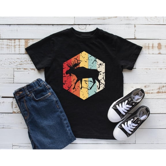 Trendy Vintage Moose Tee Hexagon Silhouette Graphic Rustic Animal Top Short Sleeve Round Neck Black S-5XL