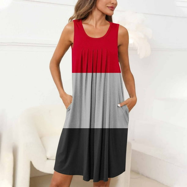 mfyjkho Vestidos casuales para mujer, Camisón sin mangas con bolsillos y estampado para mujer, camisón plisado con cuello redondo Vestidos de fiesta para mujer s