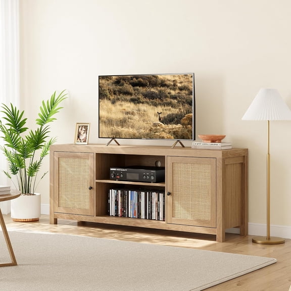 TV Stand for 75 Inch TVs, 66 Inch Boho Rattan Entertainment Center with 2 Cabinets, 2 Open Shelves and Adjustable Shelves for Living Room