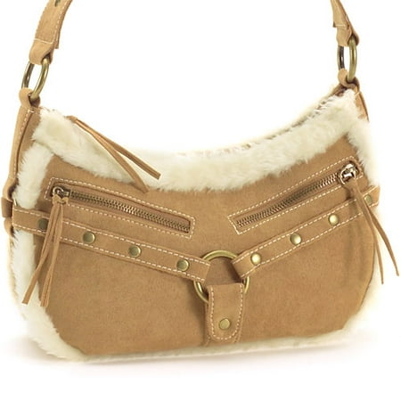 Sueded Handbag with Faux-Fur Trim
