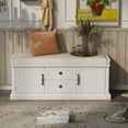thumbnail image 2 of Storage Bench with 2 Drawers and 2 Cabinets, Shoe Bench Under Window Bench with Storage & Velvet Removable Cushion, Wooden Organizer Storage Bench for Living Room Entryway Front Door, White, 2 of 7