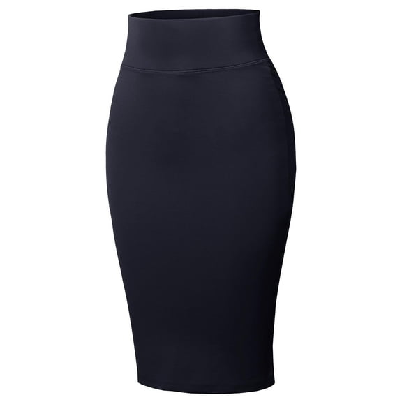 FashionOutfit Women's High Waist Basic Pencil Stretch Span Midi Length Back-Slit Office Skirt