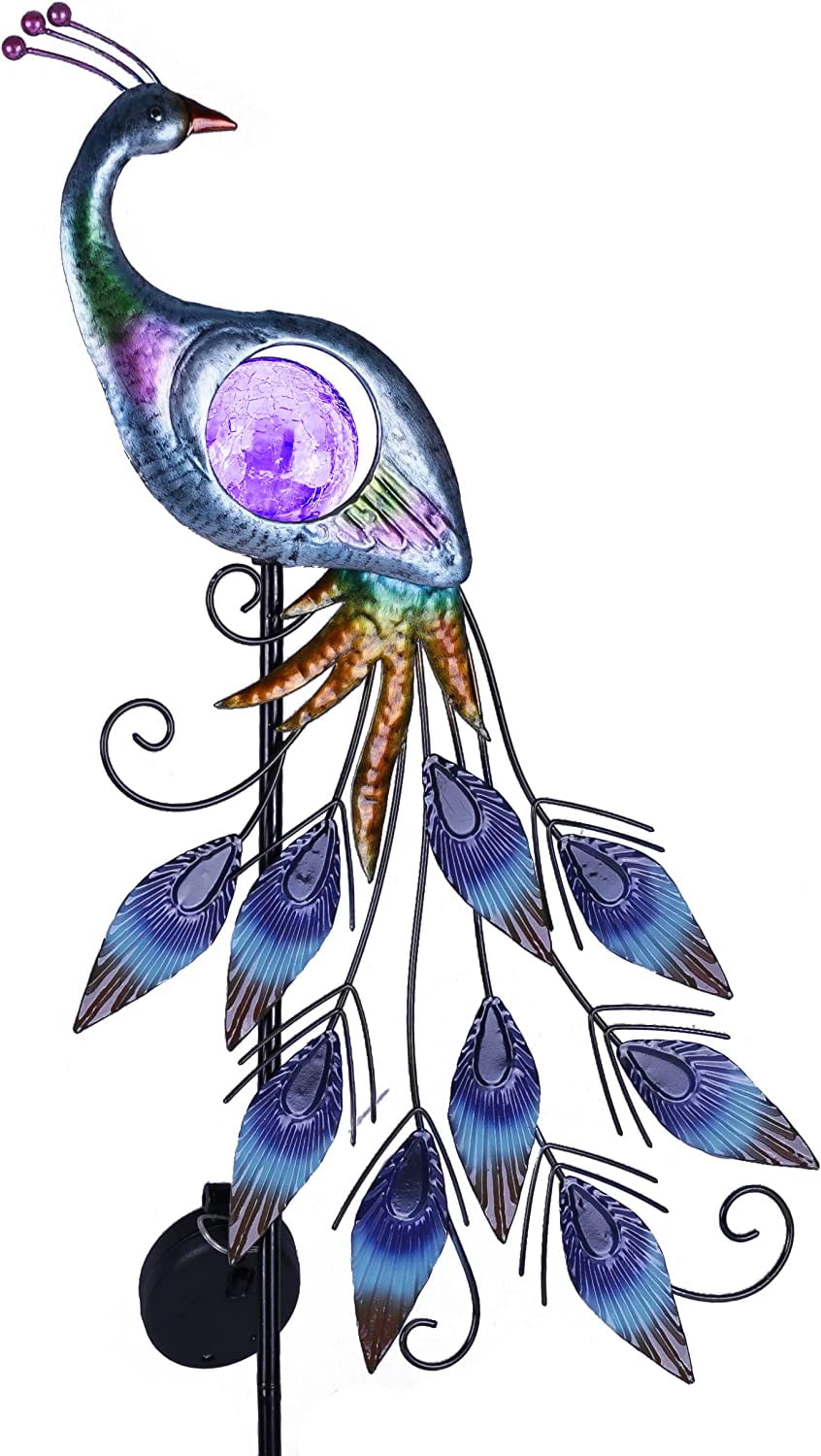 TERESA'S COLLECTIONS 31.5''H Blue Peacock Solar Garden Lights, Metal Garden Decor for Outside with Crackle Glass Ball, Solar Outdoor Lights Decorative Stake Lawn Ornaments Yard Art for Patio Decor