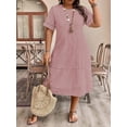 thumbnail image 3 of Dusty Pink Plus Size Eyelet Embroidered Woven Round Neck Short Sleeve Midi Dress For Women, 3 of 5