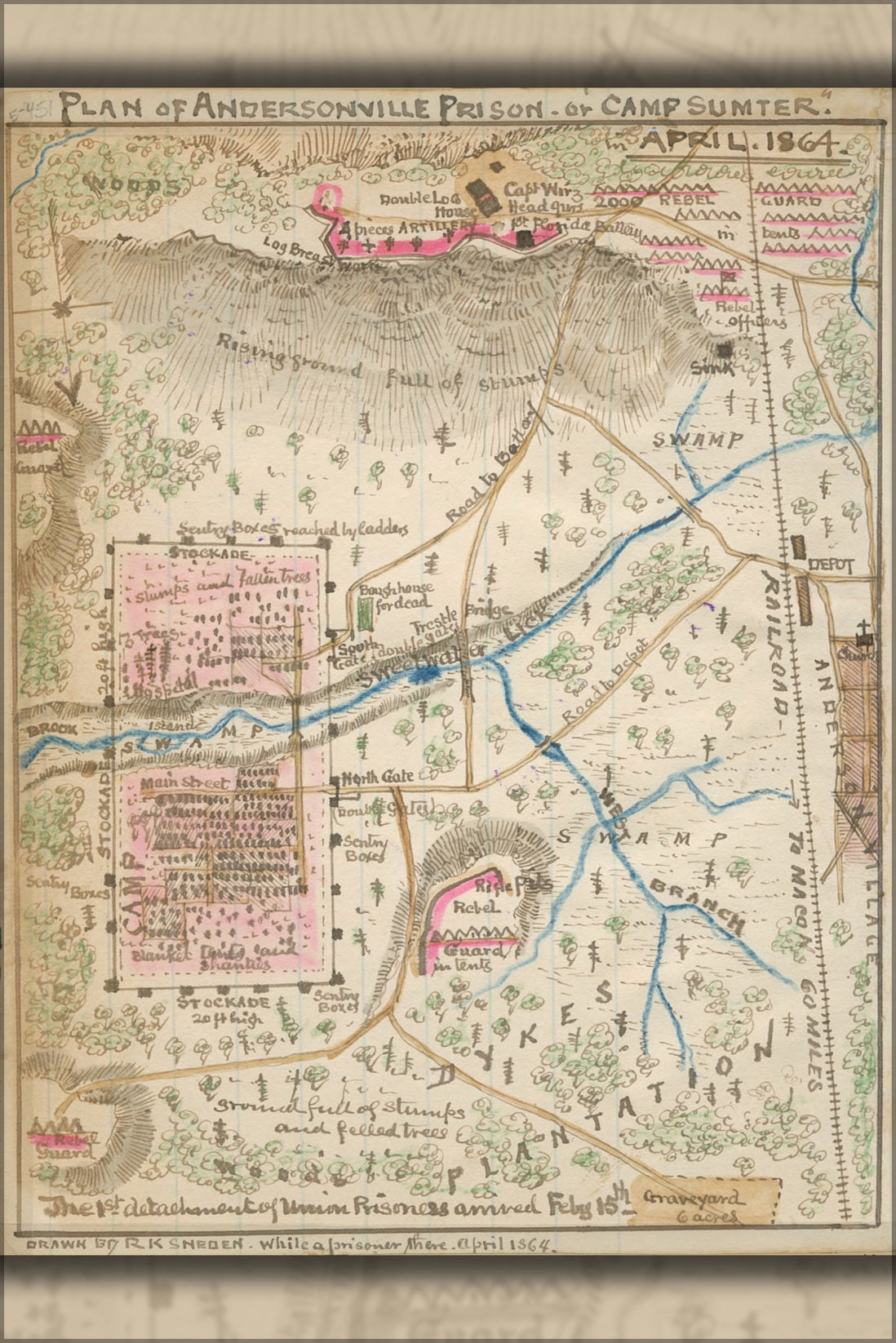 24"x36" Gallery Poster, map of Andersonville Prison April 1864