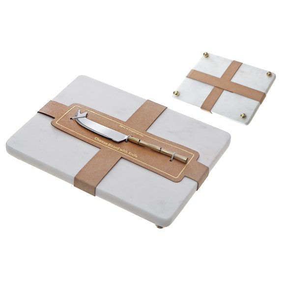 Maison Concepts White Marble Rectangle Cheese Board & Spreader (White) 10" X 7" X 1.25"
