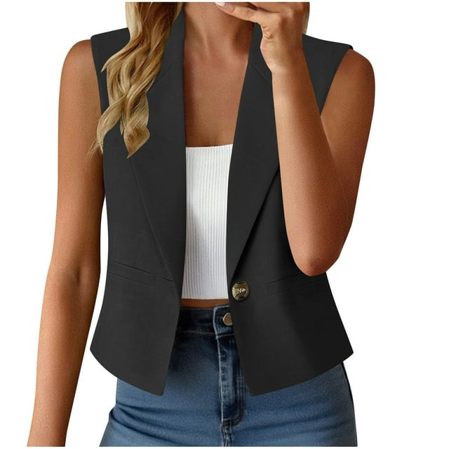 tarylea Hauts Décontractés pour Femmes Col Rabattu Vestes Blazer Sans Manches Couleur Unie Vestes de Costume Tendance Amples d'Été