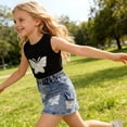 thumbnail image 4 of Girls 2Pcs Skirts Sets Outfits Summer Short Sleeve Crewneck Tops and Denim Vintage Skirts Versatile Cute Bow Print Tops School Outfits Casual Children Clothes Age 2-8 Years Black 3-4Years, 4 of 7