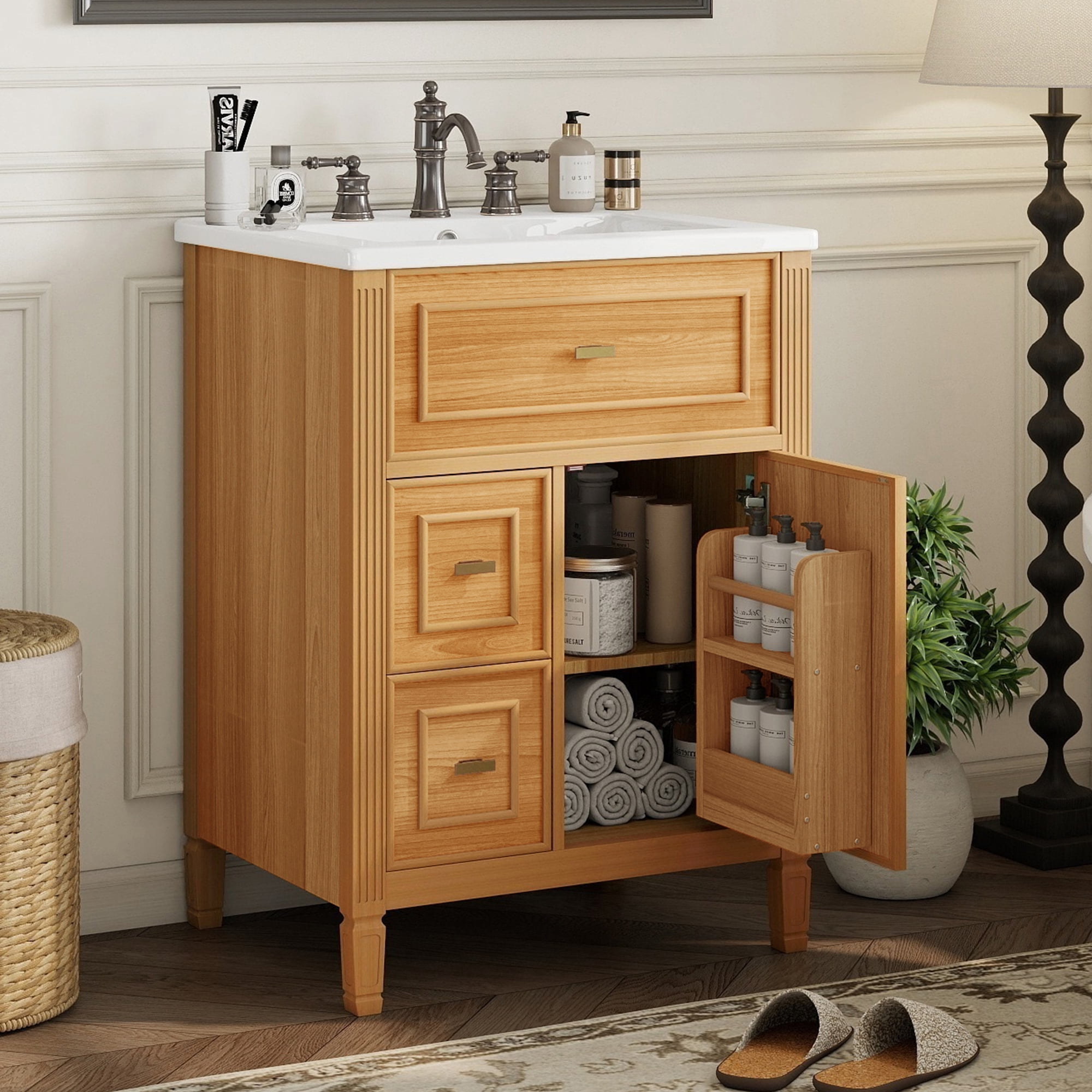 Aukfa 24" Bathroom Vanity with Sink,Modern Bathroom Sink Cabinet for Small Spaces,Ceramic Top & Flip Drawer,Oak